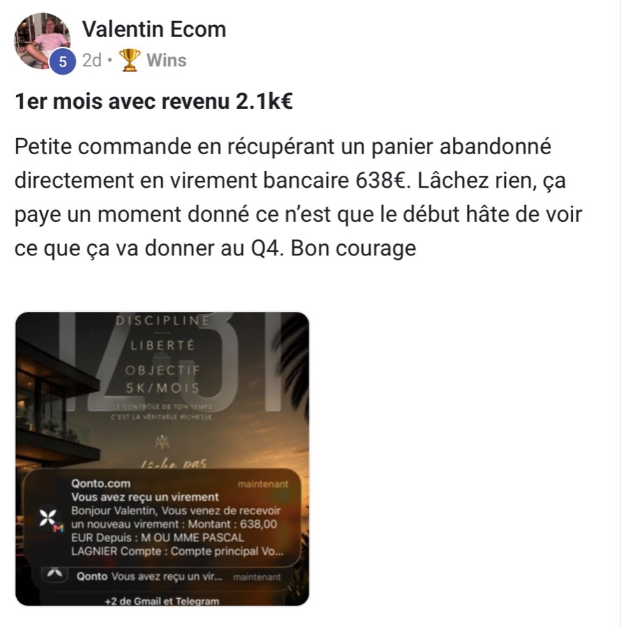 Valentin Ecom : 1er mois avec revenu 2,1 k€