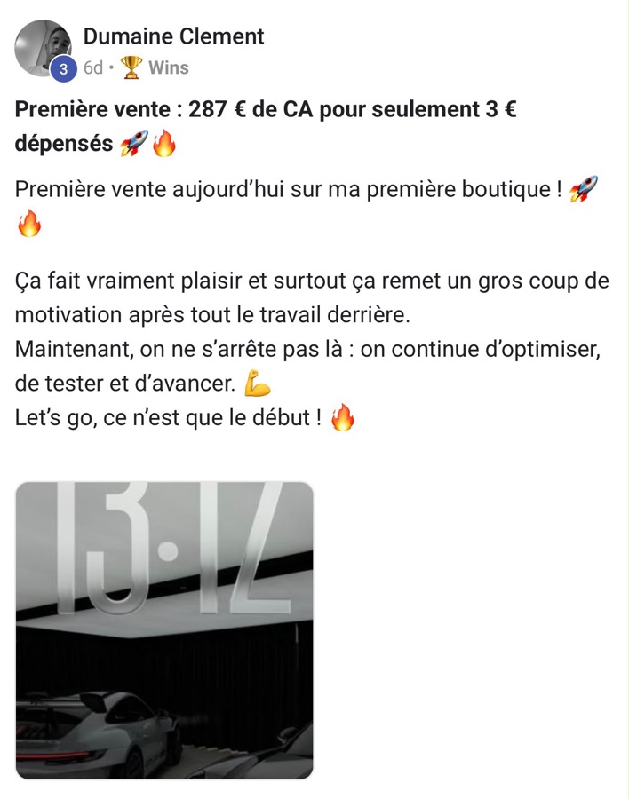Dumaine Clement : première vente, 287 € de CA pour 3 € dépensés
